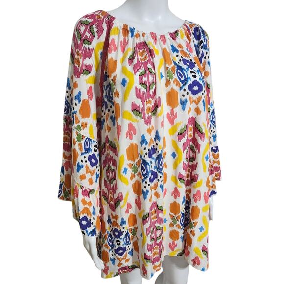 NEW‎ Calessa 3X Abstract Ikat Print Scoop Neck Shirt 3/4 Tiered Sleeve Tunic Top - Picture 3 of 9